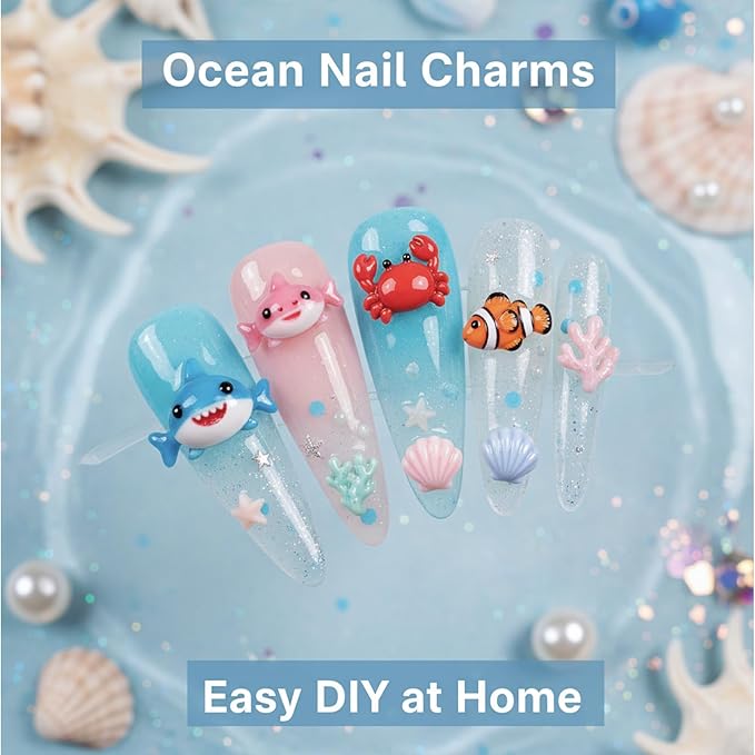 3D Sea Creature Nail Art Molds - DIY Resin/Gel Nail Charms Making Kit, Cute Shark, Crab, Seashell & Ocean Theme Decorations for Manicure