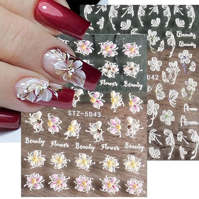 3D Embossed Spring Flower Nail Art Stickers Decals 4 Sheets 5D Self-Adhesive Pegatinas Uñas Pink Cherry Blossoms Floral Nail Supplies Nail Art Design Decoration Accessories