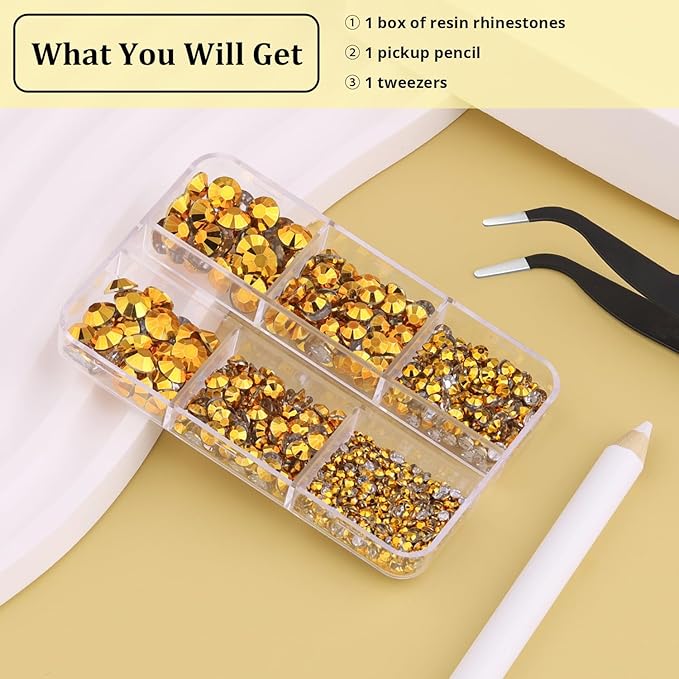 Resin Rhinestones for Crafting, 1 Box Copper Gold Multi Sizes Flatback Bedazzling Crystals for Crafts Nail Art Decoration, Non Hotfix Gems Charms for Tumbler Shoes Clothing Fabric Face Makeup