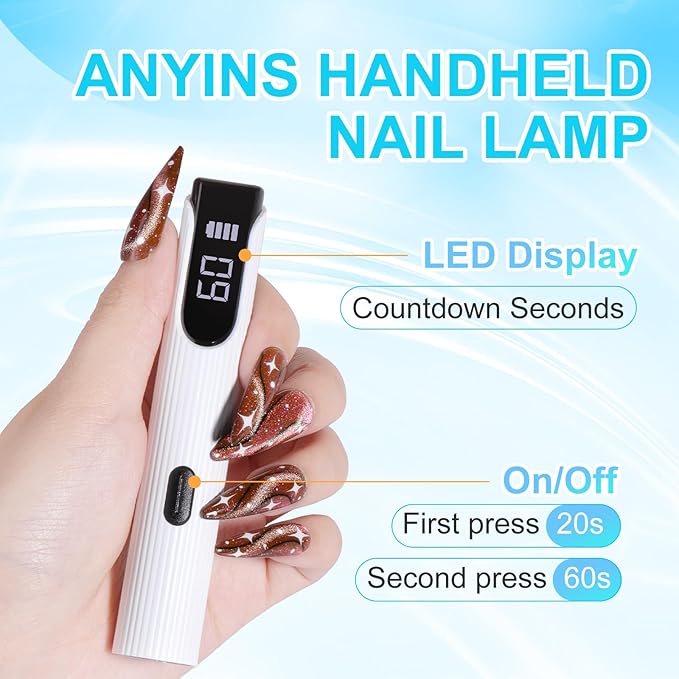 Handheld UV Light for Gel Nails, White Gel Light for Nails Cordless Nail Lamp Rechargeable with Led Display Lamp for Rhinestone Glue Decoration DIY at Home