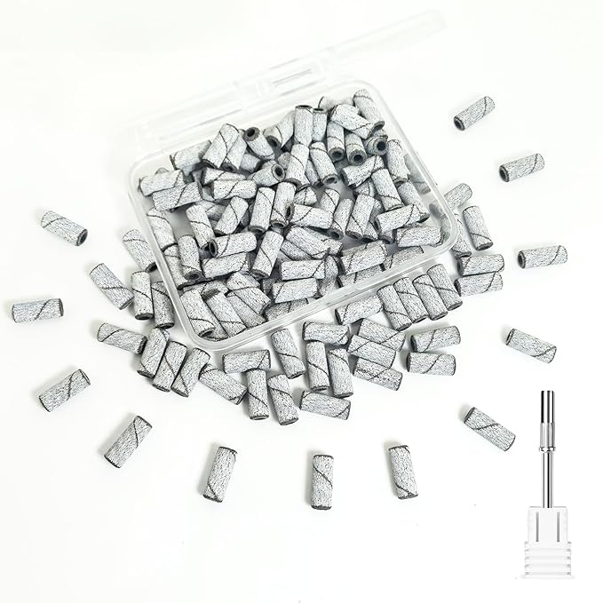 Small Sanding Bands Nail Drill Bits, Corfulra Upgraded Mini Sanding Bands with Mandrel Bit, 100 pcs 180 Fine Grits for Natural Nail, Nail Accessories of Nail Tech Must Haves, White