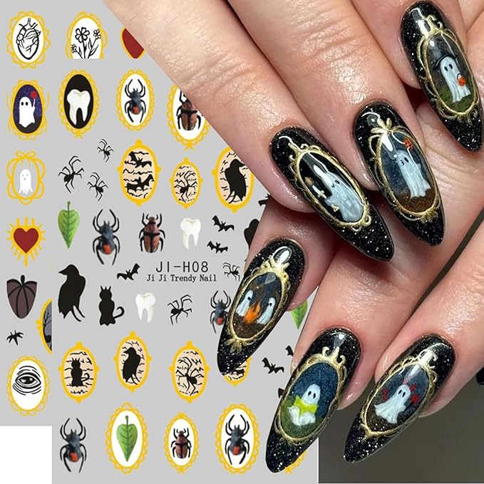 2Sheets Halloween Nail Art Stickers 3D Ghost Spider Nail Decals with Gold Edge Designs Nail Stickers Self Adhesive Bat Heart Nail Decal Black Cat Crow Nail Sticker for Women DIY Nails Decor Supplies