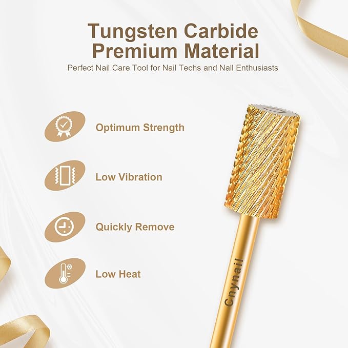 3/32" Large Barrel Flat Top Tungsten Carbide Nail Drill Bit Safety Bit for Gel & Acrylic Removal, 2-Way Rotating Efile Tip, Salon Electric File Accessory (C Grit, Gold)
