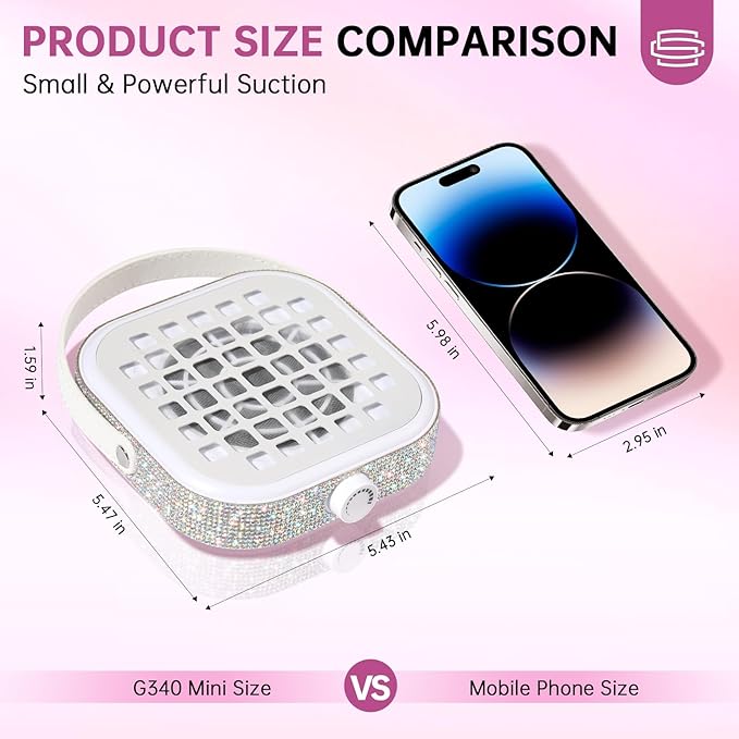 Nail Dust Collector, Mini Bling Crystal Diamond Compact 6000RPM Powerful Vacuum Fan Vent Dust Collector Extractor Dust Suction Machine for Acrylic Nails Polishing, Fast Charging
