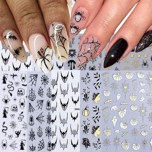 9 Sheets Halloween Nail Stickers for Nail Art, 3D Self-Adhesive Bat Spider Web Nail Decals, Ghost Pumkin Leaf Nail Supplies Nail Art Design Accessories for Women and Girls Manicure DIY Decoration