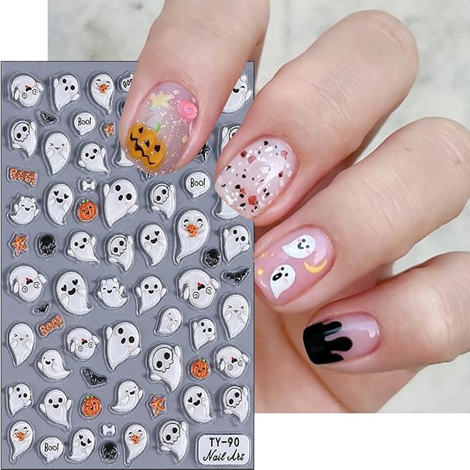 2Sheets 5D Cute Ghost Nail Art Stickers Embossed Cartoon Skull Bat Pumpkin Nail Decals Spooky Halloween Nail Stickers Fall Holiday Nail Design Decals Decoration for Women DIY Manicure Supplies
