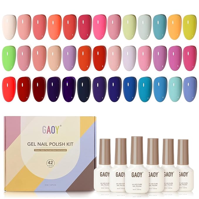GAOY 42 Pcs Gel Nail Polish Kit, Bright Neon Colors Spring Summer Gel Nail Polish Set with Glossy & Matte Top Coat and Base Coat for Salon and DIY Manicure at Home