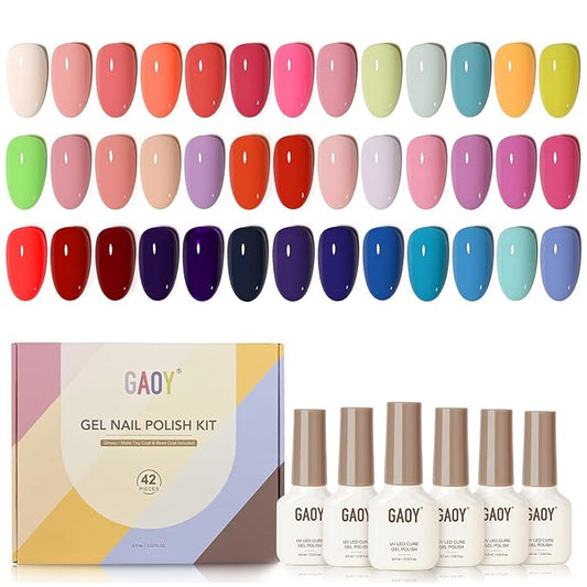 GAOY 42 Pcs Gel Nail Polish Kit, Bright Neon Colors Spring Summer Gel Nail Polish Set with Glossy & Matte Top Coat and Base Coat for Salon and DIY Manicure at Home