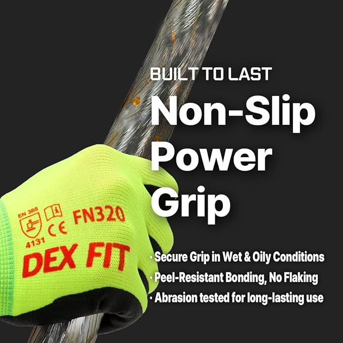 DEX FIT Nylon Work Gloves FN320, 3D Comfort Fit, Power Grip, Lightweight, Touchscreen for Men & Women, Breathable & Flexible for Yard Work DIY Mechanic Warehouse; Neon Green 8 (M)