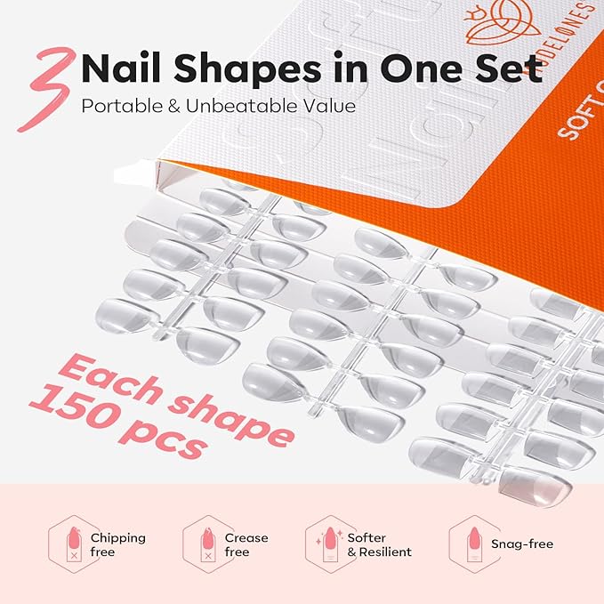 Modelones Short Almond & Square & Round Nail Tips - Multi-type 3 Styles Set Gel Tips Half Matte Full Cover Clear Acrylic Gel Kit Fake Nails for Extension DIY Salon 450Pcs 15Sizes