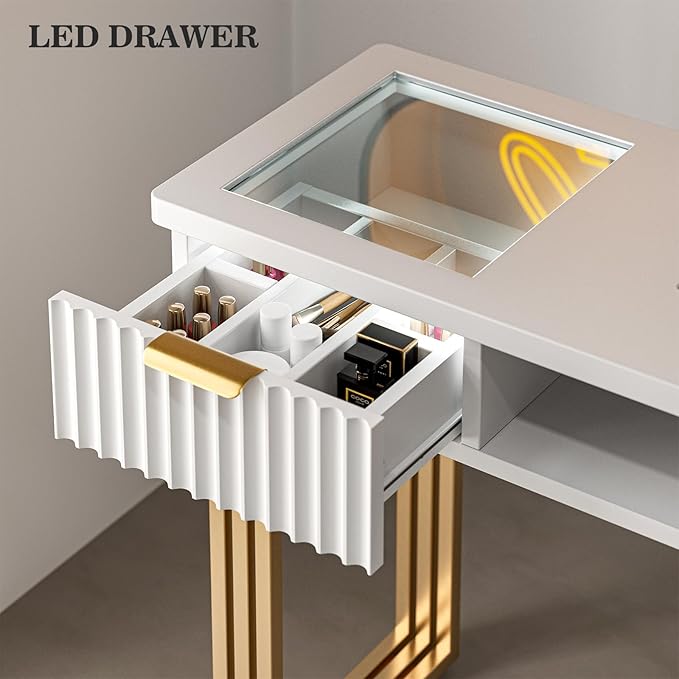 Paddie Manicure Table for Nail Tech with Dust Collector, Nail Desk Station w/4 Drawers & LED Lights, Acetone Resistant Beauty Salon Workstation w/Wrist Cushion, Golden Leg (White)