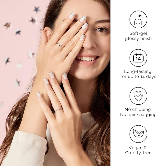 NAILOG Semi Cured Gel Nail Strips, Extra Long Glitter Nail Polish Strips (20 Pieces), Buy 2 Get 1 UV Lamp, Long Lasting Gel Nails with Soft Glossy Gel Finish, Ballerina