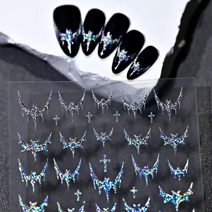 3 Sheets Halloween Nail Stickers for Nail Art 3D Bat Nail Art Stickers Silver Red Black Glitter with French Tip Design Sticker Horror Gothic Nail Decals for Women Acrylic Nails Decoration