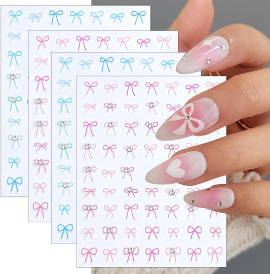 4 Sheets Bow Nail Stickers for Nail Art 5D Self-Adhesive Bow-Knot Nail Decoration Pink Blue Bows Nail Art Stickers with Crystal Diamond Embossed Rhinestones Nail Decals for Women Girls Nail Design