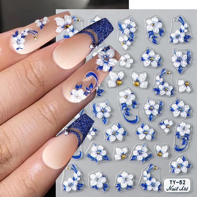 5D Flower Nail Art Stickers Blue Glitter Shiny Flowers Nail Decals 1 Sheets Embossed Floral Nail Stickers Self-Adhesive Blue Flower Nail Supplies for Women Girls Manicure Nail Decoration Accessories