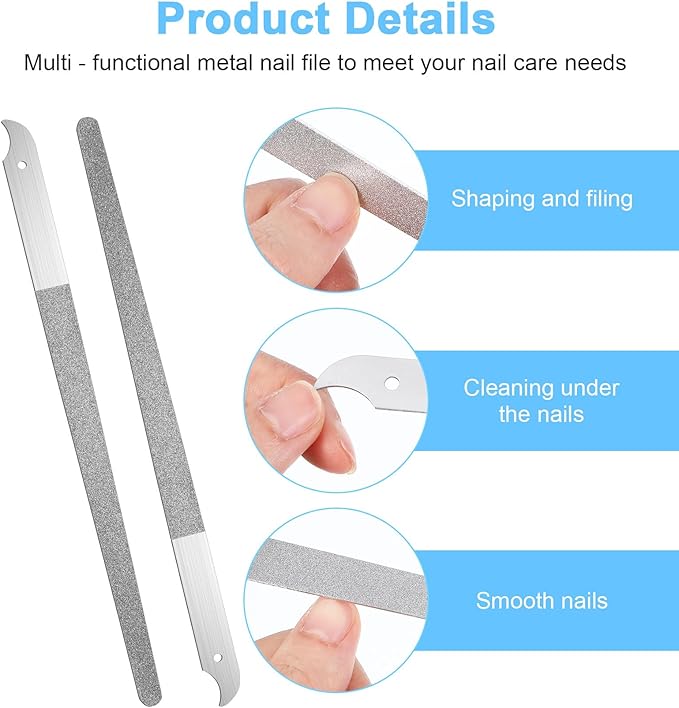 4Pcs Diamond Nail File, 8 Inch Stainless Steel Curved Tip Diamond Dust Nail File, Double Sided Abrasive for Professional Manicure Pedicure Salon Home Use
