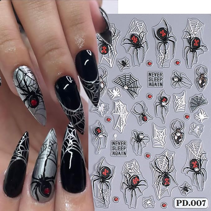 3D Horror Halloween Nail Art Stickers Decals Scary Skeleton Crow Spider Skull Nail Stickers with Spider Web Design Self-Adhesive Red Blue Rose Nail Decals for Women DIY Manicure 4 Sheets