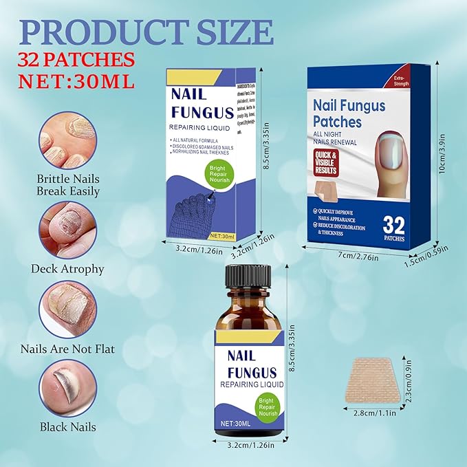 Toenail Fungus Treatment Extra Strength Kit, 30ml Nail Repair Solution and 32 Nail Renewal Patches for Damaged Thick Discolored Toenails and Fingernail