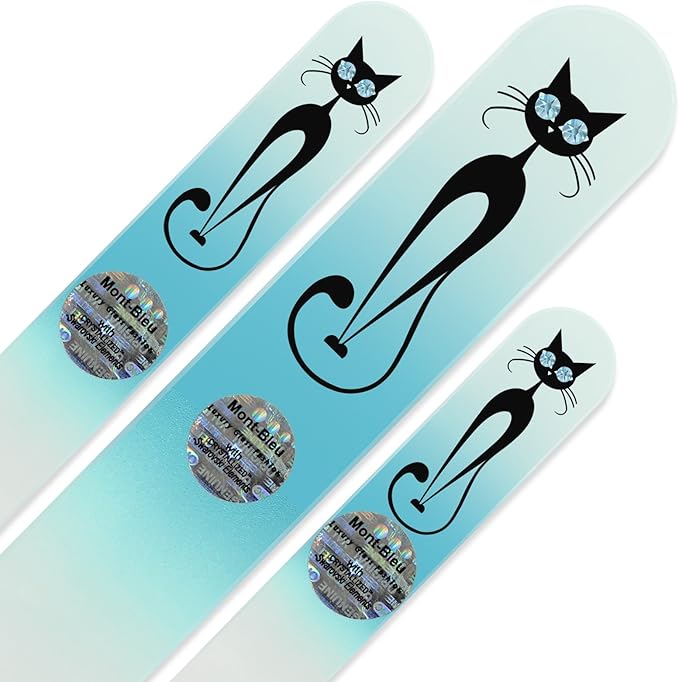 Mont Bleu Set of 3 Cats Crystal Nail Files hand decorated with crystals from Swarovski - Handmade - Czech Tempered Glass - Lifetime Guaranty - Nail Care Gift Set - Czech Glass Nail Files Set