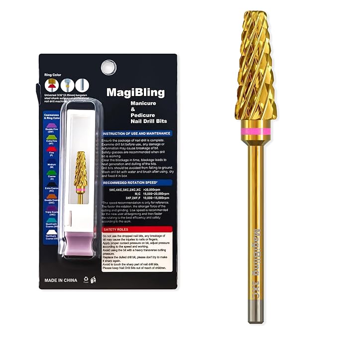 Super Cut 5 In 1 Nail Drill Bits，Tapered 3/32'' Safety Tungsten Bits, Upward Cut for Hard Gel Removal, Right Hand Use, Manicure Cuticle Gel Polishing, Technicians Bits, Gold, Triple Coarse.