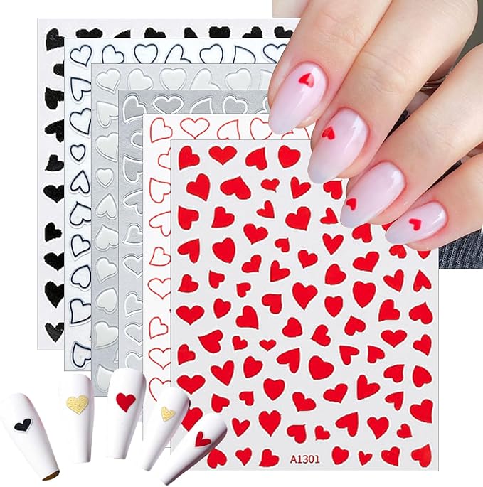 6 Sheets Valentine's Day Heart Nail Art Stickers Decals 3D Self-Adhesive Nail Decals Cute Red and Black Hollow Out Heart Nail Supplies for Women and Girls Valentines DIY Manicure Decorations