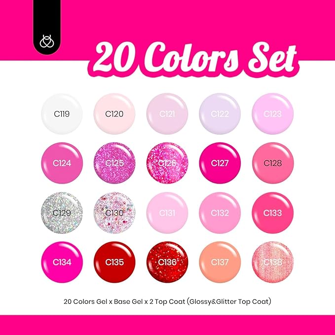 beetles Pink Gel Polish Set 20 Colors Hot Pink Alluring Sweetie Collection Nude Purple Glitter Red Uv Gel Manicure Kit with Base Glossy and Glitter Top Coat Gifts for Women