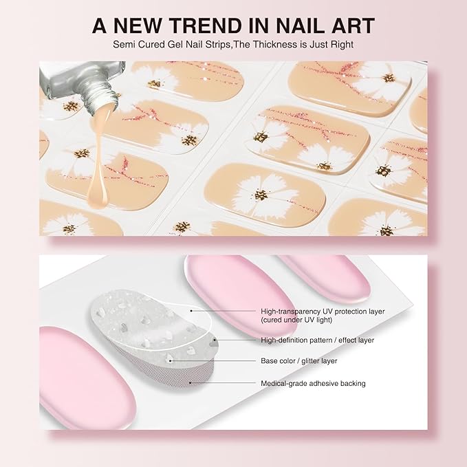 Semi Cured Gel Nail Strips - 30PCS Long-Lasting Nail Wraps, Salon-Quality Semi Cured Stickers, 2 Weeks Wear, Easy DIY Manicure-White Garden