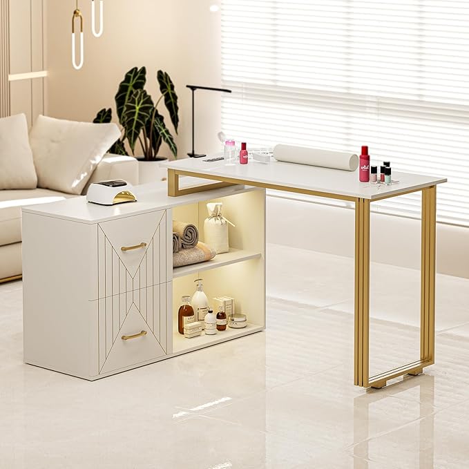Paddie Manicure Table for Nail Tech with Wrist Cushion, Corner Nail Desk with 2 Drawers and 2 Shelves, Beauty Salon Nail Supplies Decor Station with 16 Colors LED Lights （White）