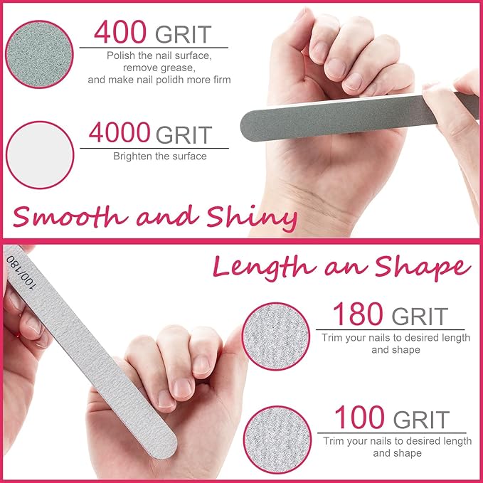 Gel Nail Polish Remover Tools Kit, with 10 Pcs Nail Clips, 400 Pcs Lint Free Nail Wipes, Nail Files 100/180, Buffer Block 400/4000, Nail Brush, Cuticle Pusher, Cuticle Peeler (Pink)