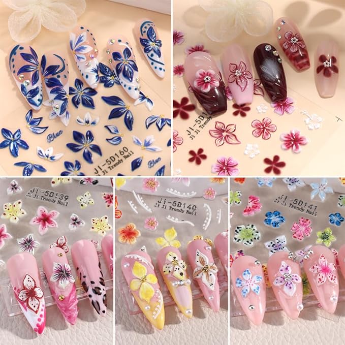 Flower Nail Art Stickers Decals 5D Embossed Nail Decals, 5 Sheets Colorful Flower Spring Summer Hibiscus Lily Floral Nail Art Design Self-Adhesive Nail Supplies Manicure Decorations for Women Girls