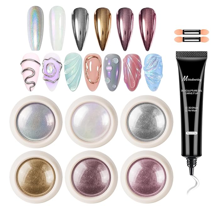 6PCS Chrome Nail Powder with 15ml 3D Nail Gel, Gold Sliver Holographic Aurora Iridescent Rubbing Dust, Metallic Mirror Pigment Powder and Non-Sticky Sculpting Gel for DIY Nails Designs-B