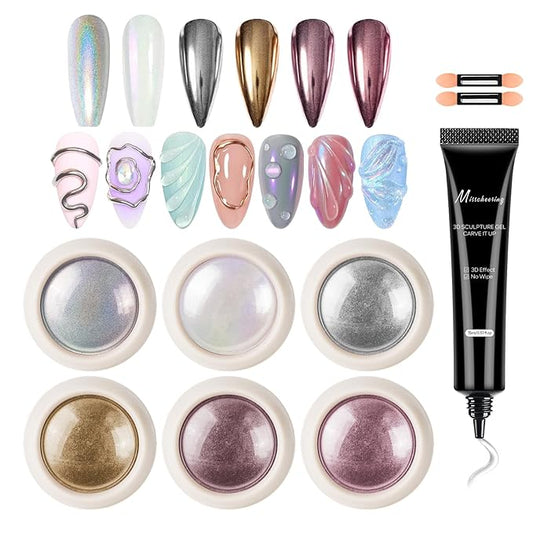6PCS Chrome Nail Powder with 15ml 3D Nail Gel, Gold Sliver Holographic Aurora Iridescent Rubbing Dust, Metallic Mirror Pigment Powder and Non-Sticky Sculpting Gel for DIY Nails Designs-B