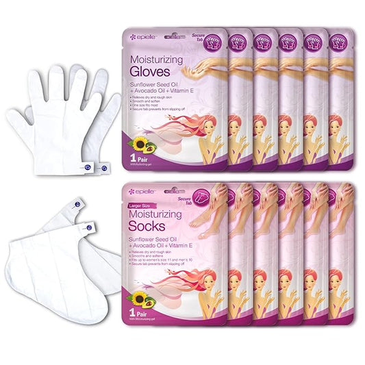 Epielle Moisturizing Hand & Foot Masks for Dry, Rough Skin, Self Care Gifts for Women, Spa Kit, Stocking Stuffers, Thanksgiving Essentials, 6 Moisturizing Gloves & 6 Moisturizing Socks