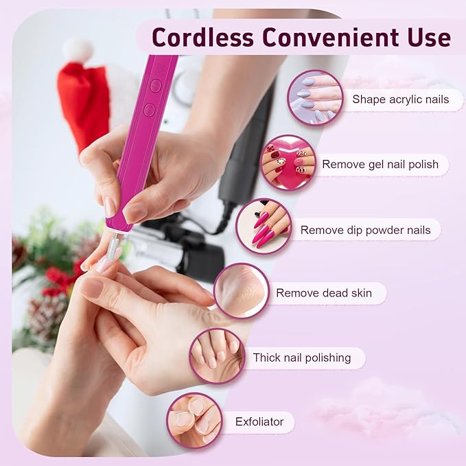 Professional Nail Drill Set, 2,0000 RPM Electric Nail File with 12 Grinding Head & 100Pcs Sanding Bands for Acrylic Gel Nails, Manicure and Polishing (Wine Red)