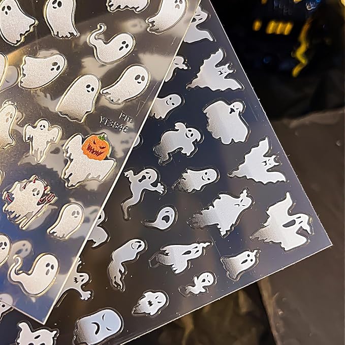 Halloween Ghost Nail Stickers for Nail Art 3D Self-Adhesive Halloween Nail Decals with Cute Ghost Design Spooky Nail Decals Holiday Style DIY Salon Manicure Supplies Sticker for Women