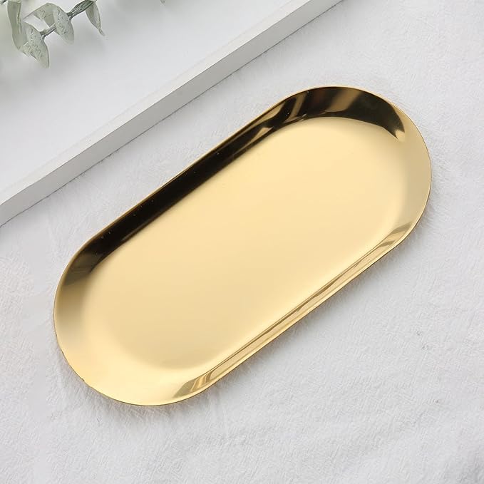 2 Pack Stainless Steel Gold Decorative Tray, Small Oval Perfume Jewelry Trinket Dish, Candle Key Manicure Tools Metal Placing Plate, Bathroom Vanity Trays for Dresser Counter