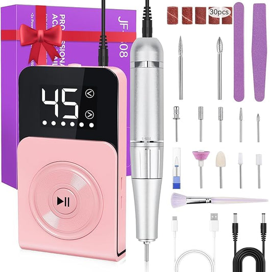 Cadrim Portable Electric Nail Drill Professional 45000 RPM, 2025 Upgrade-Speed Control Disc, Rechargeable Electric Nail File for Acrylic Gel Nails, Pink Cordless Nail Drill Kit for Salon Home