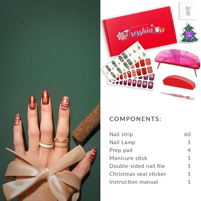 Semi Cured Gel Nail Strip Starter Kit, (Include 60 Pcs Nail Stickers, 1 UV Lamp and Nail Tools), Glaze Wraps, Salon Quality Gel Polish Strips, Christmas Nails Stickers Kit