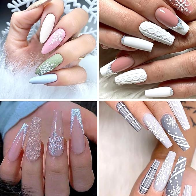 8 Sheets Christmas Snowflake Nail Art Stickers - White Glitter 3D Self-Adhesive Design for Winter Manicure - Cute Decals for Women