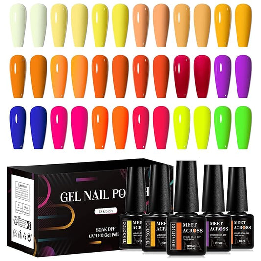 MEET ACROSS 18pcs Gel Nail Polish Set Soak Off UV LED Lamp Gel Nail Polish Kit (SET-10, 18pcs)