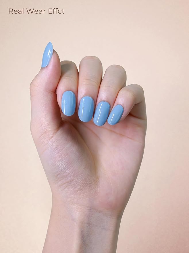 Pre Cured Gel Nail Strips - 44PCS Salon Quality Gel Nail Stickers - Long Lasting Polish Wraps for Women no UV Light Needed Easy Apply& Remove (Moss Blue)