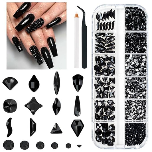 2052Pcs Black Nail Rhinestones Multi Shapes Jet Black Rhinestones for Nails Flatback Nail Gems K9 Glass Dark Black Round Beads Stones Diamonds Nail Charms Art for Nails Face Eyes Makeup Crafts