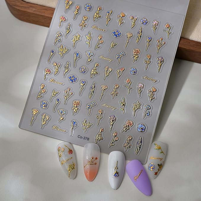 Flower Rose Nail Art Stickers Decals,Spring Flowers Nail Stickers for Nail Art,Metallic Small Floral Nails Design Gold Flower Stickers for Spring Manicure Supplies for Women Accessories Decoration