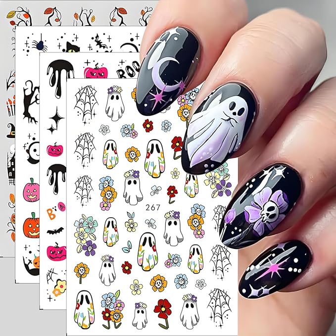 Halloween Nail Art Stickers, Spider Web Nail Art Decals 3D Self-Adhesive with Pumpkin Cute Ghost Cat Bat Flower Tree Nail Design 8Pcs Halloween Nail Art Supplies for Women Nail Decoration