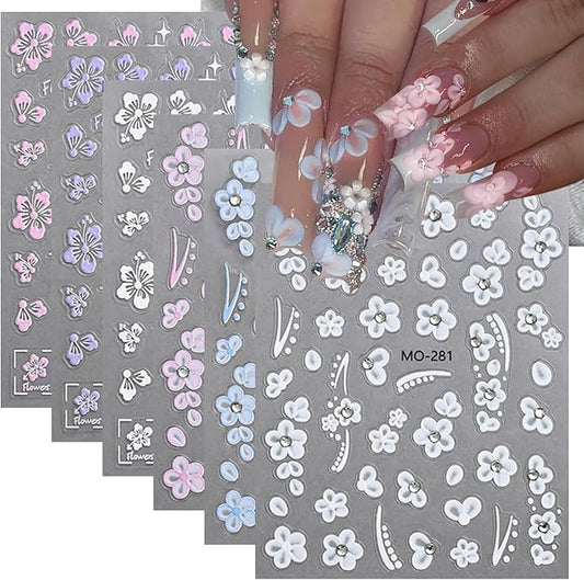 6Sheets Hibiscus Flower Nail Stickers, 3D Self-Adhesive Nails with Luxury Rhinestones - Blue Pink Nail Set Supplies for Women