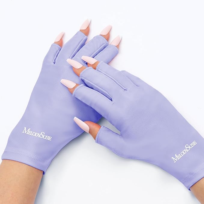 MelodySusie Premium UV Protection Gloves for Manicures, Cool Feeling Fabric,Professional UPF50+, UV Nail Gloves for Gel Nail Lamp, Anti UV Light, Skin Care Fingerless Design, Purple
