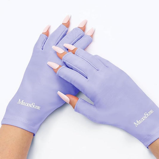 MelodySusie Premium UV Protection Gloves for Manicures, Cool Feeling Fabric,Professional UPF50+, UV Nail Gloves for Gel Nail Lamp, Anti UV Light, Skin Care Fingerless Design, Purple