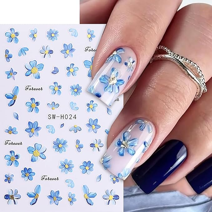 6 Sheets Spring Flower Nail Decals for Nail Art Gold Pink Butterfly Nail Stickers 3D Blue Flowers Nail Decals Self-Adhesive Summer Butterfly Nail Supplies for Women Girls DIY Nails Designs