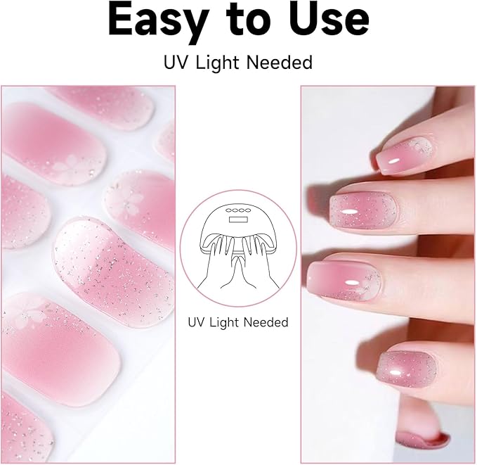 Semi Cured Gel Nails Strips - 28 pcs UV Gel Nail Stickers for Women Work with Any UV Lamp, Long Lasting Nail Wraps for Home DIY Nails Art