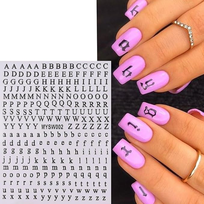 8 Sheets Letter Nail Stickers - 3D Self-Adhesive English Alphabet Nail Decals - Black, White, Gold, Silver - Big & Small Letter Nail Art Design Stickers for DIY Acrylic Nail Art Decorations & Charms
